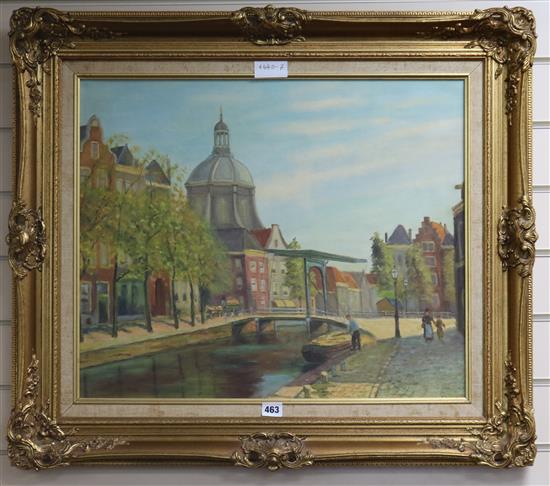 F. Rinhelm, oil on canvas, Dutch canal scene, signed, 50 x 60cm